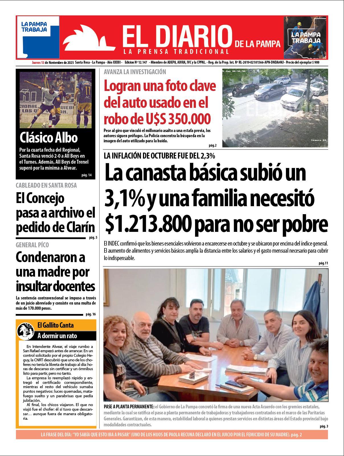 Tapa de El Diario en papel  jueves 13 de noviembre de 2025